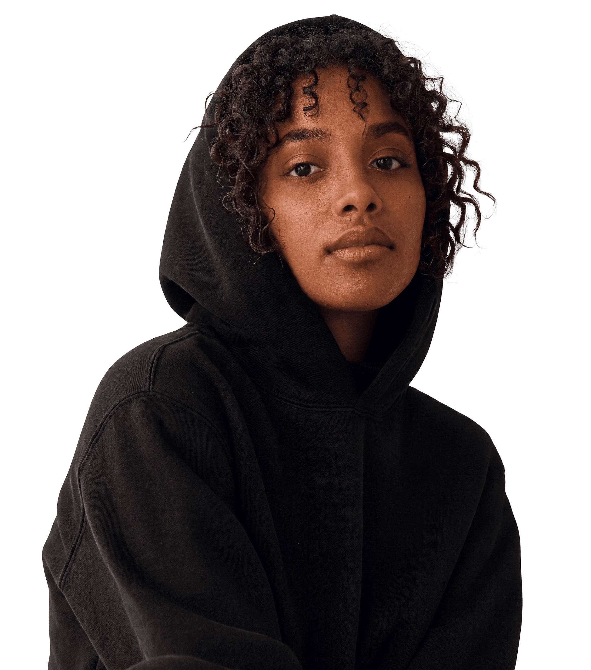 Model wearing a black hoodie